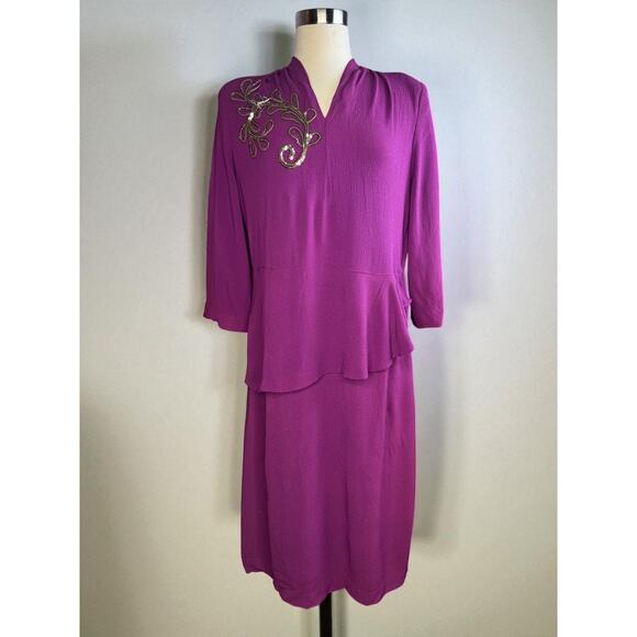 Vintage 1940s Dress Peplum Sequined Plus Sized Crepe Sequin Purple XL 1X - Picture 1 of 8